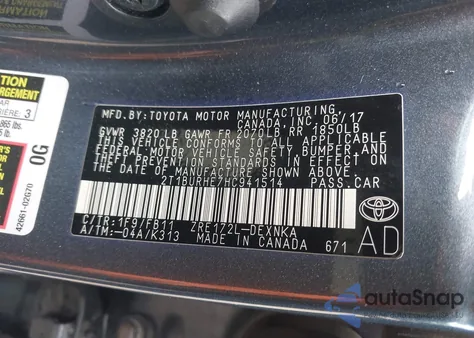 2017 Toyota Corolla Le z USA, uszkodzony, nr VIN 2T1BURHE7HC941514